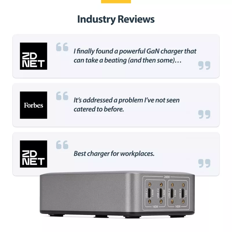 StarTech.com Cargador USB-C multipuerto de 4 puertos, 240W total, puerto individual 140W EPR, PD 3.1, puertos con fijación por tornillo, salas de conferencias, soporte incl. para montaje en superficie