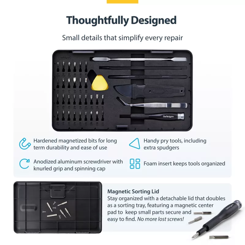 StarTech.com Kit de herramientas de reparación de ordenadores de 40 piezas para portátil/PC/electrónica/teléfono, set de destornilladores de precisión de 30 puntas, tapa extraíble con base magnética, herramientas de palanca