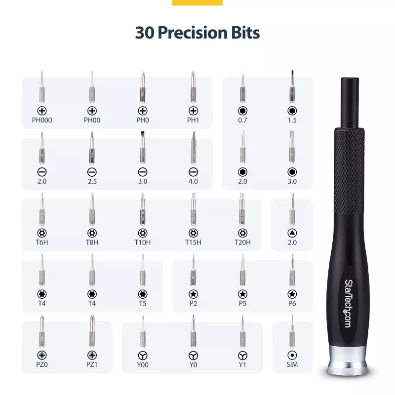 StarTech.com Kit de herramientas de reparación de ordenadores de 40 piezas para portátil/PC/electrónica/teléfono, set de destornilladores de precisión de 30 puntas, tapa extraíble con base magnética, herramientas de palanca