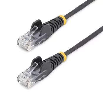 StarTech.com Cable Ethernet CAT6 fino de 25 cm, negro, protección de lengüeta, 100W PoE, UTP, LSZH, 28AWG, hilo de cobre desnudo macizo, cable de red patch RJ45 fino con alivios de tensión, probado individualmente