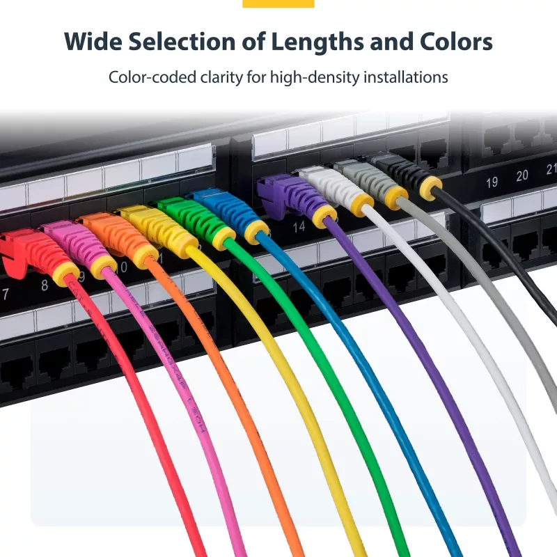 StarTech.com Cable Ethernet CAT6 fino de 25 cm amarillo, protección de lengüeta, 100W PoE, UTP, LSZH, 28AWG hilo de cobre desnudo puro, cable de red patch RJ45 fino con alivio de tensión, probado individualmente