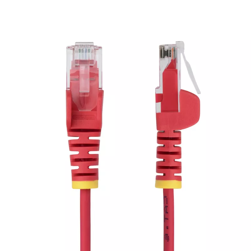 StarTech.com Cable Ethernet CAT6 delgado de 25 cm rojo, sin enganches, 100 W PoE, UTP, LSZH, 28AWG hilo de cobre desnudo puro, cable de red RJ45 delgado con alivio de tensión, probado individualmente