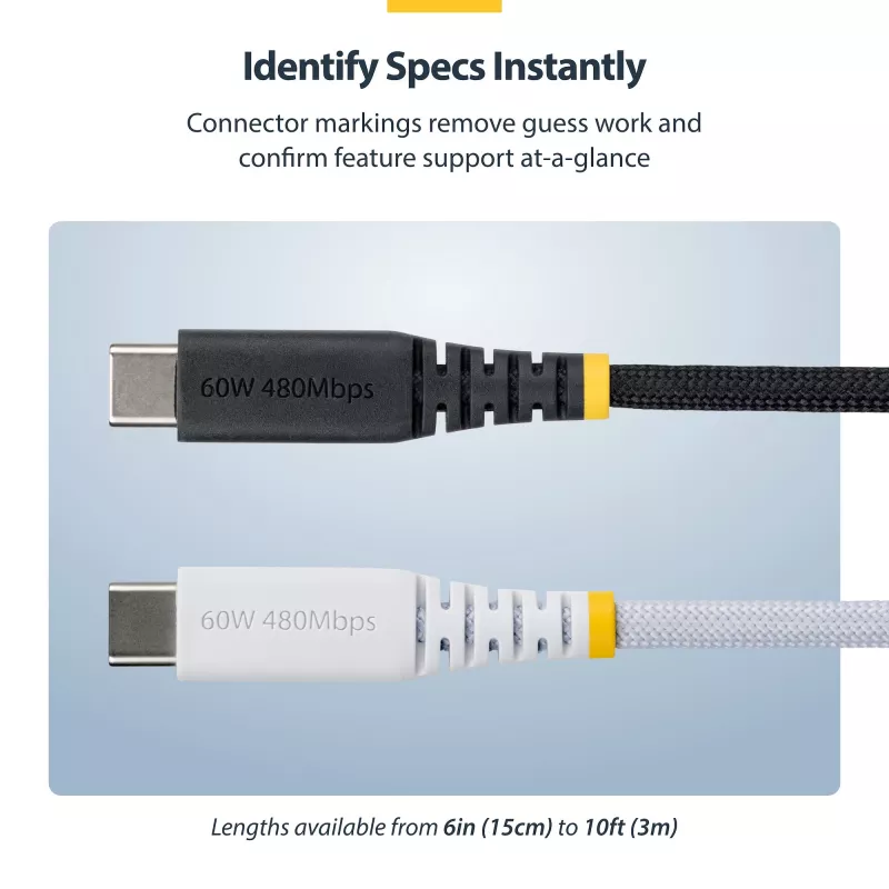 StarTech.com Cable de carga USB-C de 1 m (3ft), 60W (3A) PD, funda de nylon/TPE trenzado de doble capa, cable de carga USB-C resistente, cable de carga para portátil USB 2.0