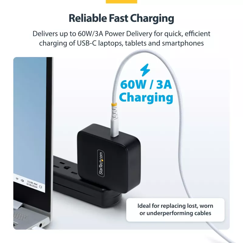 StarTech.com Cable de carga USB-C blanco de 1 m (3ft), 60W (3A) PD, trenzado de nylon/TPE de doble capa, cable de carga USB-C resistente, cable de carga para portátil USB 2.0