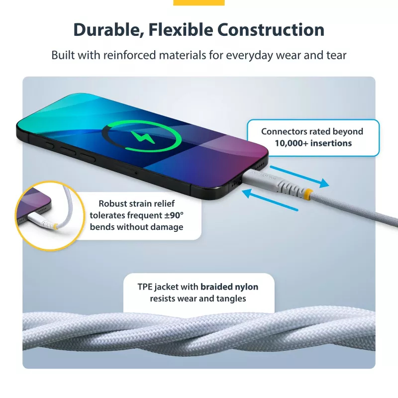 StarTech.com Cable de carga USB-C blanco de 2 m (6 ft), 60 W (3 A) PD, funda trenzada de nailon/TPE de doble capa, cable de carga USB-C resistente, cable de carga para portátil USB 2.0
