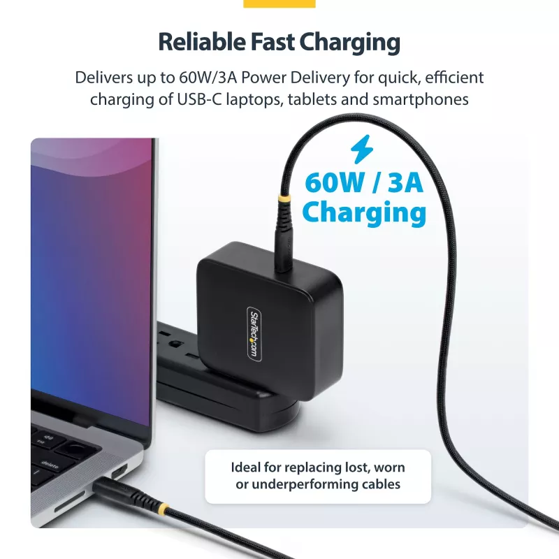 StarTech.com Cable de carga USB-C de 3 m (10ft), 60W (3A) PD, funda de nylon/TPE trenzado de doble capa, cable de carga USB-C resistente, cable de carga para portátil USB 2.0