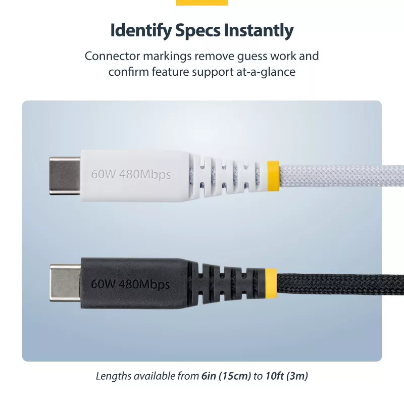 StarTech.com Cable de carga USB-C blanco de 30 cm (1ft), 60W (3A) PD, funda de nylon/TPE trenzado de doble capa, cable de carga USB-C resistente, cable de carga para portátil USB 2.0