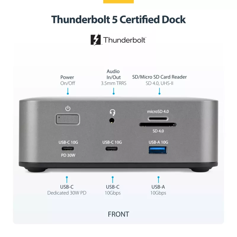 StarTech.com Docking station Thunderbolt 5, DP/HDMI, dock para triple monitor de hasta 4K 144 Hz o doble 8K 60 Hz, 5 puertos USB, carga de portátil de 140 W