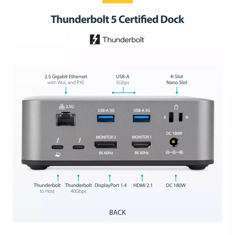 StarTech.com Docking station Thunderbolt 5, DP/HDMI, dock para triple monitor de hasta 4K 144 Hz o doble 8K 60 Hz, 5 puertos USB, carga de portátil de 140 W