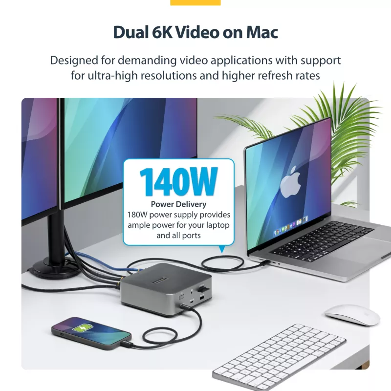 StarTech.com Docking station Thunderbolt 5, DP/HDMI, dock para triple monitor de hasta 4K 144 Hz o doble 8K 60 Hz, 5 puertos USB, carga de portátil de 140 W