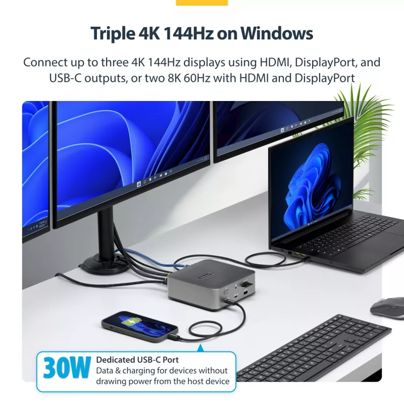 StarTech.com Docking station Thunderbolt 5, DP/HDMI, dock para triple monitor de hasta 4K 144 Hz o doble 8K 60 Hz, 5 puertos USB, carga de portátil de 140 W