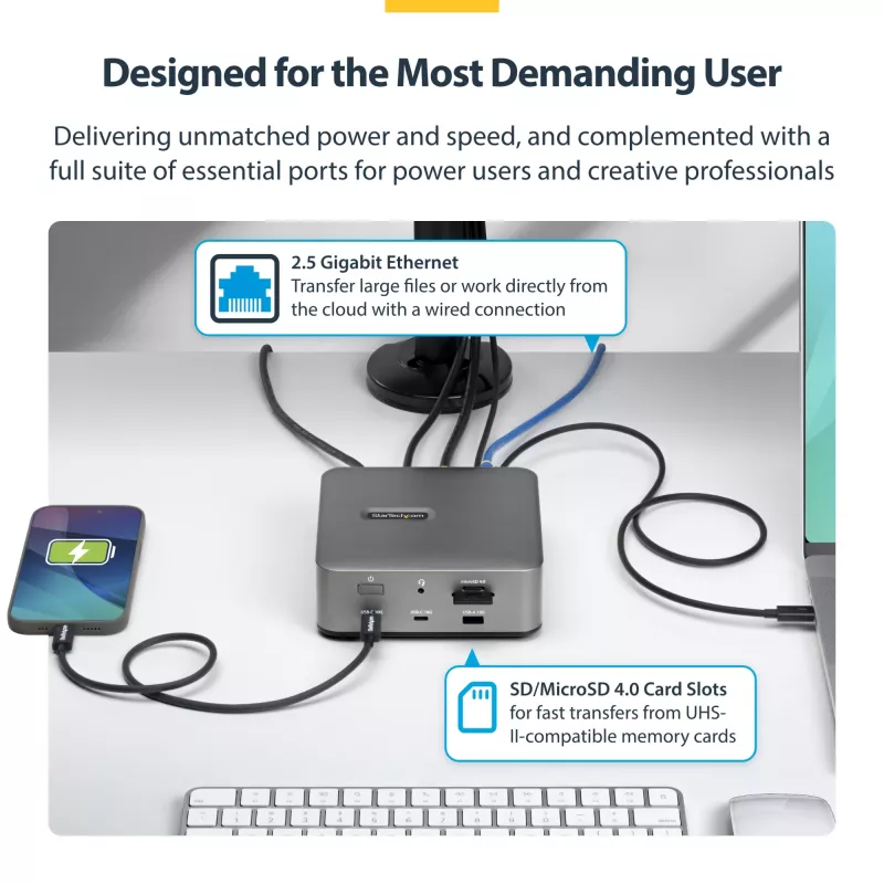 StarTech.com Docking station Thunderbolt 5, DP/HDMI, dock para triple monitor de hasta 4K 144 Hz o doble 8K 60 Hz, 5 puertos USB, carga de portátil de 140 W