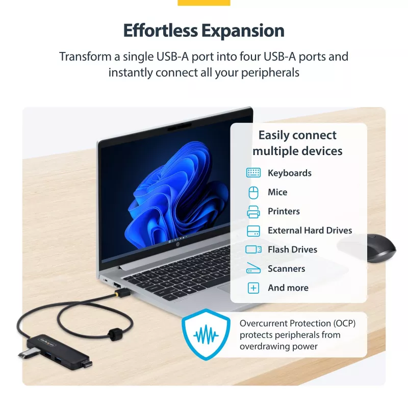 StarTech.com Hub USB-A de 4 puertos, 5 Gbit/s, alimentación por bus, mini hub USB-A a 4x USB-A, cable host extra largo de 61 cm, plástico PCR, hub USB portátil para escritorio/portátil