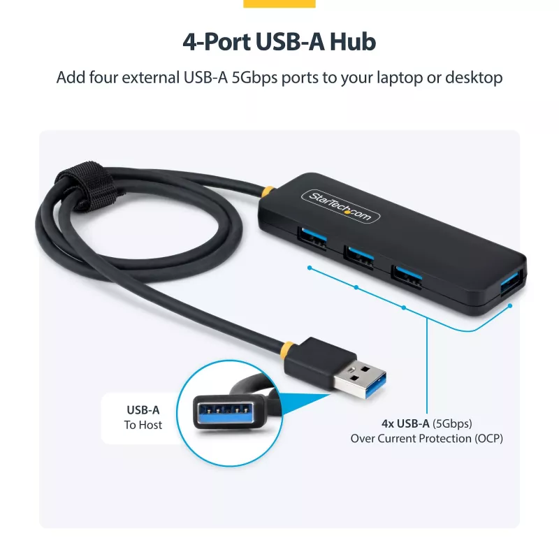 StarTech.com Hub USB-A de 4 puertos, 5 Gbit/s, alimentación por bus, mini hub USB-A a 4x USB-A, cable host extra largo de 61 cm, plástico PCR, hub USB portátil para escritorio/portátil