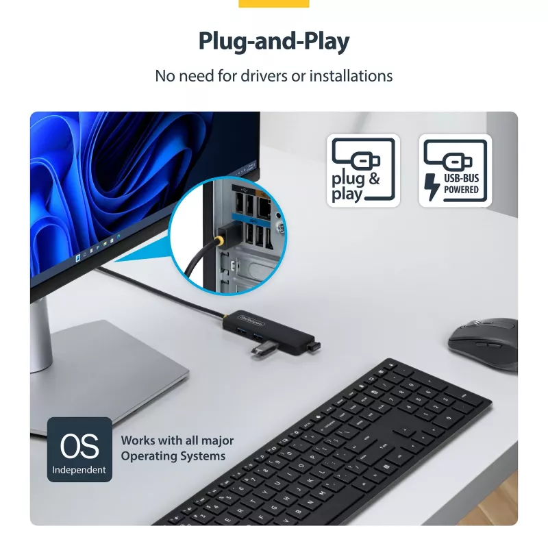 StarTech.com Hub USB-A de 4 puertos, 5 Gbit/s, alimentación por bus, mini hub USB-A a 4x USB-A, cable host extra largo de 61 cm, plástico PCR, hub USB portátil para escritorio/portátil