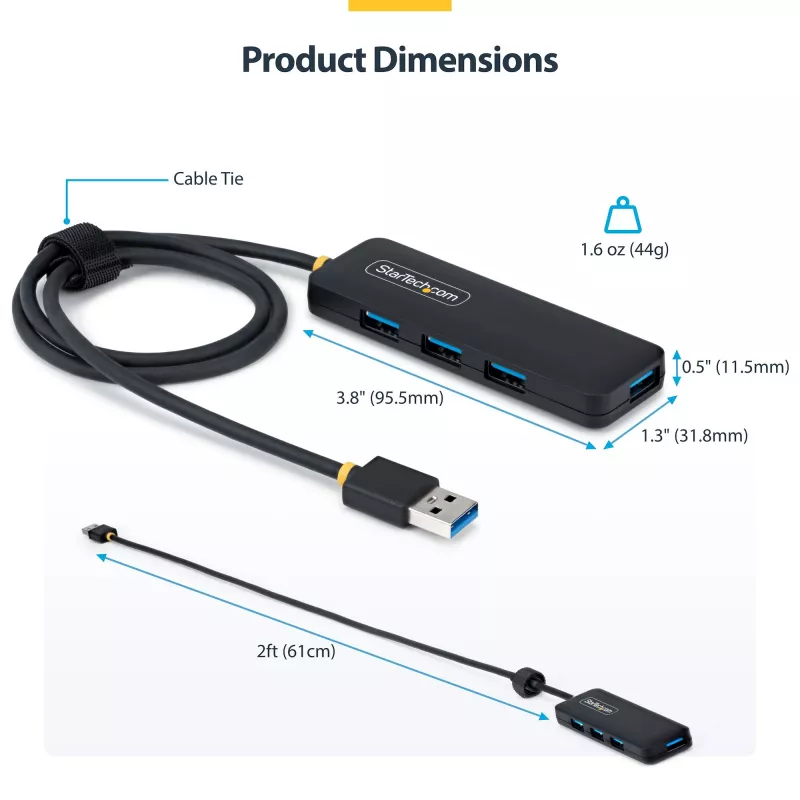 StarTech.com Hub USB-A de 4 puertos, 5 Gbit/s, alimentación por bus, mini hub USB-A a 4x USB-A, cable host extra largo de 61 cm, plástico PCR, hub USB portátil para escritorio/portátil