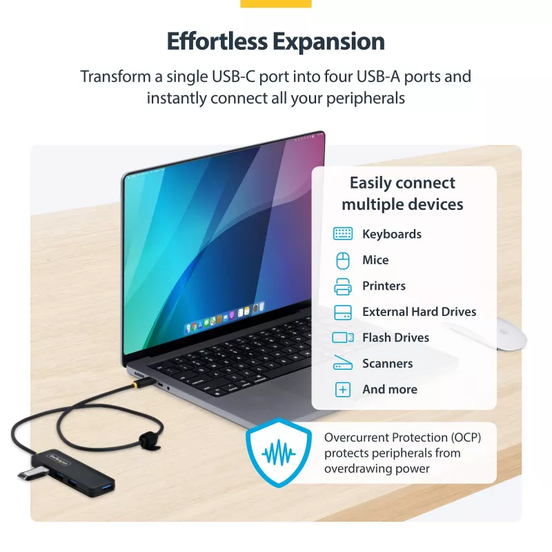 StarTech.com Hub USB-C de 4 puertos, 5 Gbit/s, alimentación por bus, mini hub USB-C a 4x USB-A, cable host extra largo de 61 cm, plástico PCR, hub USB portátil para escritorio/portátil