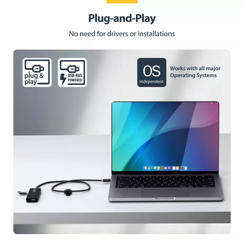 StarTech.com Hub USB-C de 4 puertos, 5 Gbit/s, alimentación por bus, mini hub USB-C a 4x USB-A, cable host extra largo de 61 cm, plástico PCR, hub USB portátil para escritorio/portátil