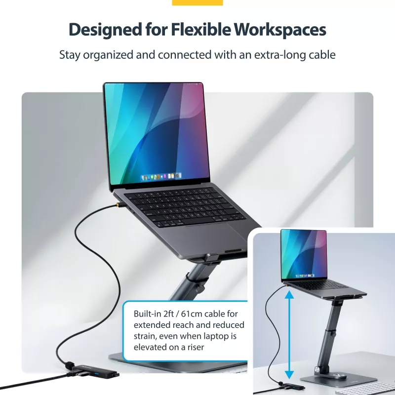 StarTech.com Hub USB-C de 4 puertos, 5 Gbit/s, alimentación por bus, mini hub USB-C a 4x USB-A, cable host extra largo de 61 cm, plástico PCR, hub USB portátil para escritorio/portátil