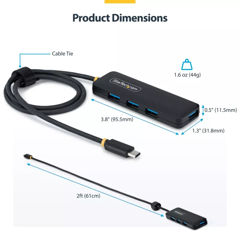 StarTech.com Hub USB-C de 4 puertos, 5 Gbit/s, alimentación por bus, mini hub USB-C a 4x USB-A, cable host extra largo de 61 cm, plástico PCR, hub USB portátil para escritorio/portátil