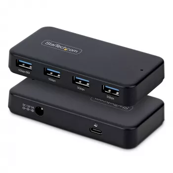 StarTech.com Hub USB-A de 4 puertos, 5 Gbit/s, con alimentación propia, cable host 2 en 1 USB-C y USB-A, 1 puerto de carga BC 1.2, fuente de alimentación de 24 W incluida, MacBook y Windows