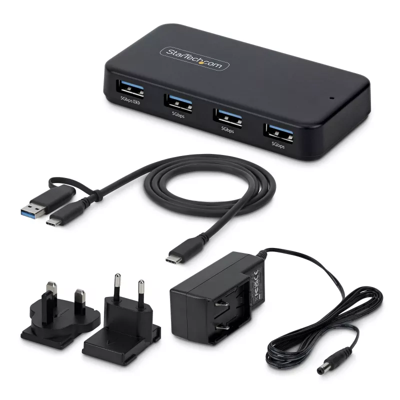 StarTech.com Hub USB-A de 4 puertos, 5 Gbit/s, con alimentación propia, cable host 2 en 1 USB-C y USB-A, 1 puerto de carga BC 1.2, fuente de alimentación de 24 W incluida, MacBook y Windows
