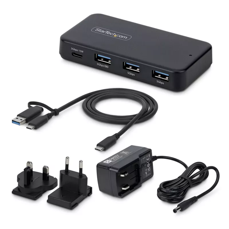 StarTech.com Hub USB-C y USB-A de 4 puertos, 5Gbps, autoalimentado, cable host USB-C y USB-A 2 en 1, 1x USB-C y 3x USB-A (1x BC 1.2), fuente de alimentación de 36W incluida