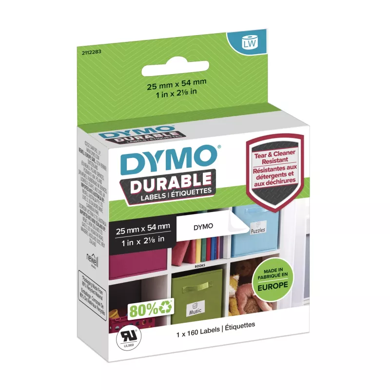 DYMO Original LabelWriter Etiquetas Durable | 25 mm x 54 mm | Blanco Poly | 160 etiquetas autoadhesivas | Alto rendimiento | Para impresoras de etiquetas LabelWriter