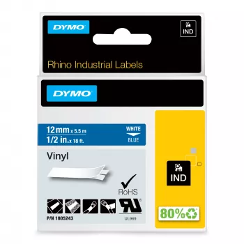 DYMO Rhino Etiquetas de vinilo industriales | 12 mm x 5,5 m | Impresión blanca sobre azul | Autoadhesivas | para impresoras de etiquetas LabelManager y Rhino