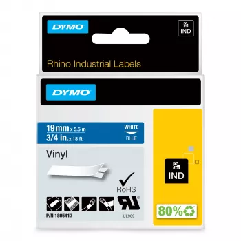 DYMO Rhino Etiquetas de vinilo industriales | 19 mm x 5,5 m | Impresión blanca sobre azul | Autoadhesivas | para impresoras de etiquetas LabelManager y Rhino