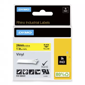 DYMO Rhino Etiquetas de vinilo industriales | 24 mm x 5,5 m | Impresión negra sobre amarillo | Autoadhesivas | para impresoras de etiquetas LabelManager y Rhino