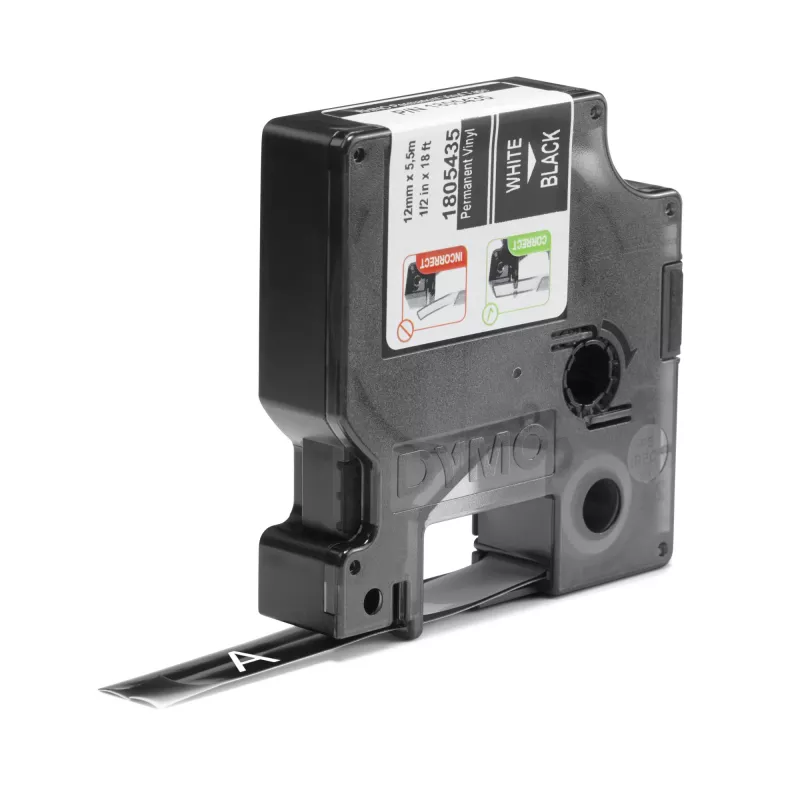 DYMO Rhino Etiquetas de vinilo industriales | 12 mm x 5,5 m | Impresión blanca sobre negro | Autoadhesivas | para impresoras de etiquetas LabelManager y Rhino