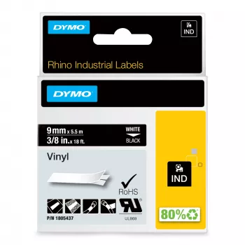 DYMO Rhino Etiquetas de vinilo industriales | 9 mm x 5,5 m | Impresión blanca sobre negro | Autoadhesivas | para impresoras de etiquetas LabelManager y Rhino