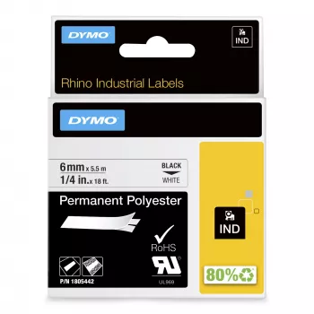 DYMO Rhino Etiquetas de poliéster permanentes industriales | 6 mm x 5,5 m | Impresión negra sobre blanco | Autoadhesivas | para impresoras de etiquetas Rhino y LabelManager