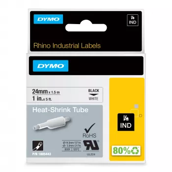 DYMO Rhino Rollos de etiquetas termorretráctiles para cables industriales | 24 mm x 1,5 m | Impresión negra sobre blanco | Autoadhesivas | para impresoras de etiquetas Rhino