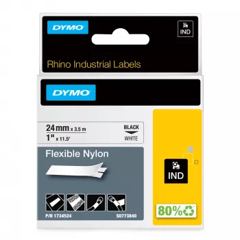 DYMO Rhino Etiquetas de nailon flexible industriales | 24 mm x 3,5 m | Negro sobre blanco | Autoadhesivas | para impresoras de etiquetas LabelManager y Rhino