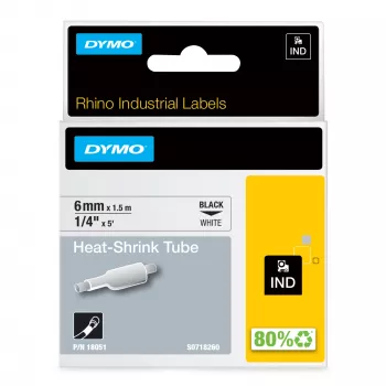 DYMO Rhino Tubos de etiquetas termorretráctiles para cables industriales | 6 mm x 1,5 m | Impresión negra sobre blanco | para etiquetadoras Rhino