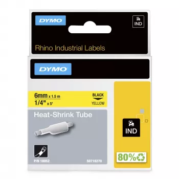 DYMO Rhino Etiquetas termorretráctiles para cables industriales | 6 mm x 1,5 m | Negro sobre amarillo | para impresoras de etiquetas Rhino