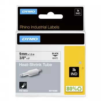 DYMO Rhino Tubos de etiquetas termorretráctiles para cables industriales | 9 mm x 1,5 m | Impresión negra sobre blanco | para impresoras de etiquetas Rhino