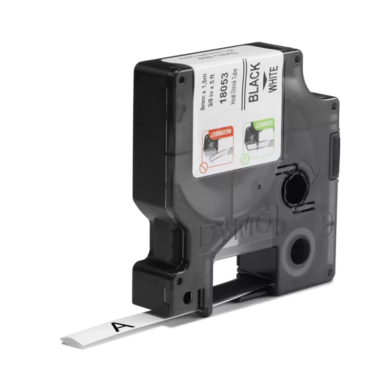 DYMO Rhino Tubos de etiquetas termorretráctiles para cables industriales | 9 mm x 1,5 m | Impresión negra sobre blanco | para impresoras de etiquetas Rhino