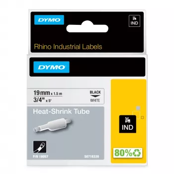 DYMO Rhino Tubos de etiquetas termorretráctiles para cables industriales | 19 mm x 1,5 m | Impresión negra sobre blanco | Autoadhesivas | para impresoras de etiquetas Rhino