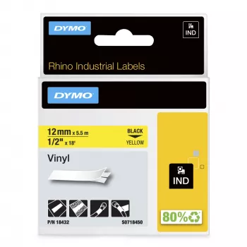 DYMO Rhino Etiquetas de vinilo industriales | 12 mm x 5,5 m | Impresión negra sobre amarillo | Autoadhesivas | para impresoras de etiquetas Rhino y LabelManager
