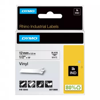 DYMO Rhino Etiquetas de vinilo industriales | 12 mm x 5,5 m | Impresión negra sobre blanco | Autoadhesivas | para impresoras de etiquetas Rhino y LabelManager
