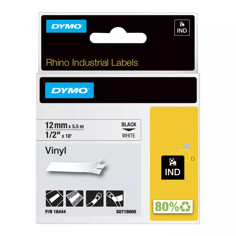 DYMO Rhino Etiquetas de vinilo industriales | 12 mm x 5,5 m | Impresión negra sobre blanco | Autoadhesivas | para impresoras de etiquetas Rhino y LabelManager