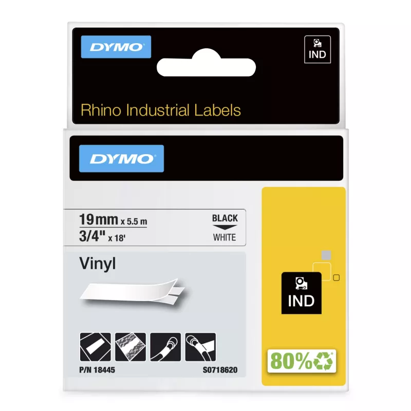 DYMO Rhino Etiquetas de vinilo industriales | 19 mm x 5,5 m | Impresión negra sobre blanco | Autoadhesivas | para impresoras de etiquetas Rhino y LabelManager