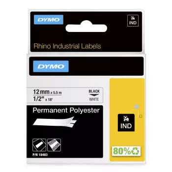 DYMO Rhino Etiquetas de poliéster permanente industriales | 12 mm x 5,5 m | Impresión negra sobre blanco | Autoadhesivas | para impresoras de etiquetas Rhino y LabelManager