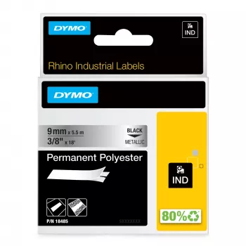 DYMO Rhino Etiquetas de poliéster permanente industriales | 9 mm x 5,5 m | Impresión negra sobre metalizado | Autoadhesivas | para impresoras de etiquetas Rhino y LabelManager