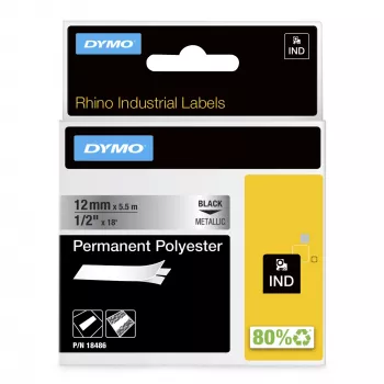 DYMO Rhino Etiquetas de poliéster permanente industriales | 12 mm x 5,5 m | Impresión negra sobre metalizado | para impresoras de etiquetas Rhino y LabelManager