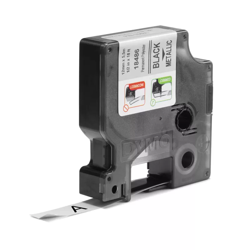 DYMO Rhino Etiquetas de poliéster permanente industriales | 12 mm x 5,5 m | Impresión negra sobre metalizado | para impresoras de etiquetas Rhino y LabelManager