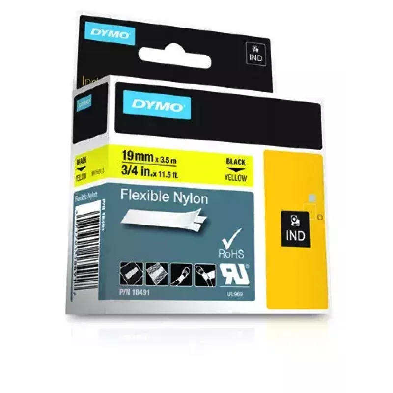 DYMO Rhino Etiquetas de nailon flexible industriales | 19 mm x 3,5 m | Impresión negra sobre amarillo | Autoadhesivas | para impresoras de etiquetas Rhino y LabelManager